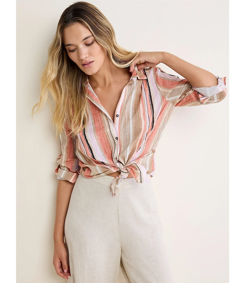 nz by NIC + ZOE Stripe Point Collar Long Sleeve Button Front Shirt