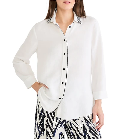 NIC + ZOE Stripe Trim Linen Shirt Collar Bracelet Sleeve Shirt