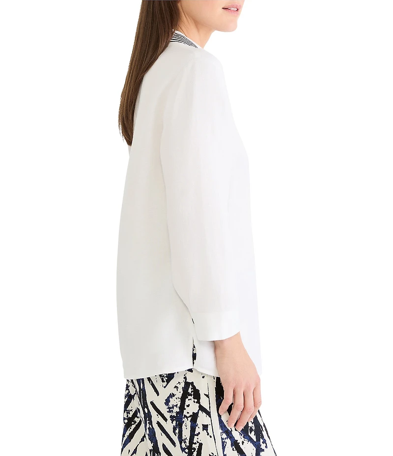 NIC + ZOE Stripe Trim Linen Shirt Collar Bracelet Sleeve Shirt