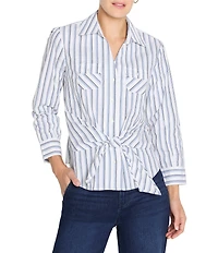NIC + ZOE Striped Iconic Tie Front V-Neck Shirt Collar 3/4 Sleeve Shirt