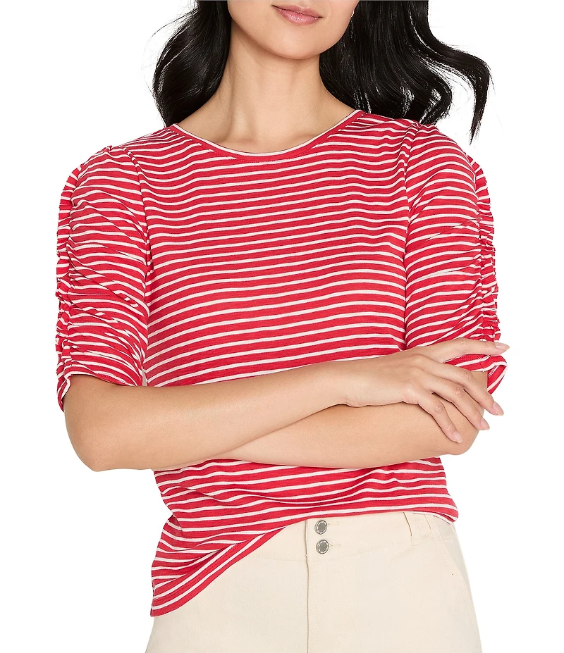NIC + ZOE Striped Round Neck Ruched Elbow Sleeve Tee