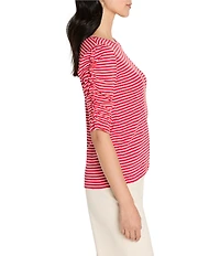 NIC + ZOE Striped Round Neck Ruched Elbow Sleeve Tee