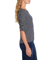 NIC + ZOE Striped Round Neck Ruched Elbow Sleeve Tee