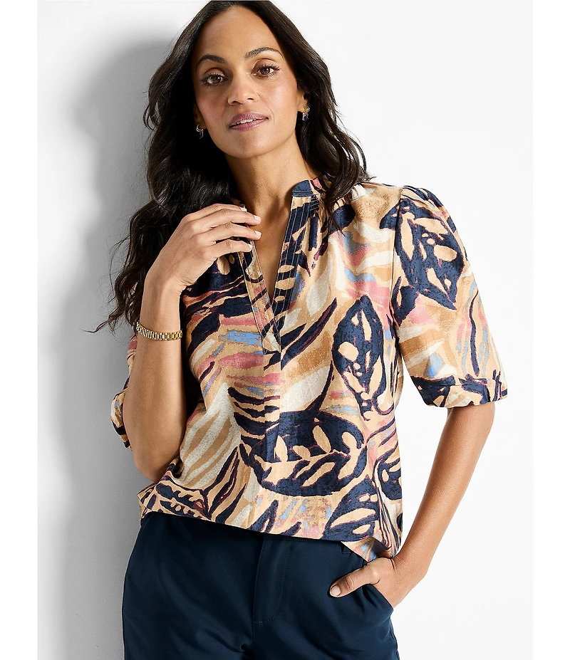 NIC + ZOE Terracotta Tropical Garden V-Neck Elbow Puff Sleeve Top