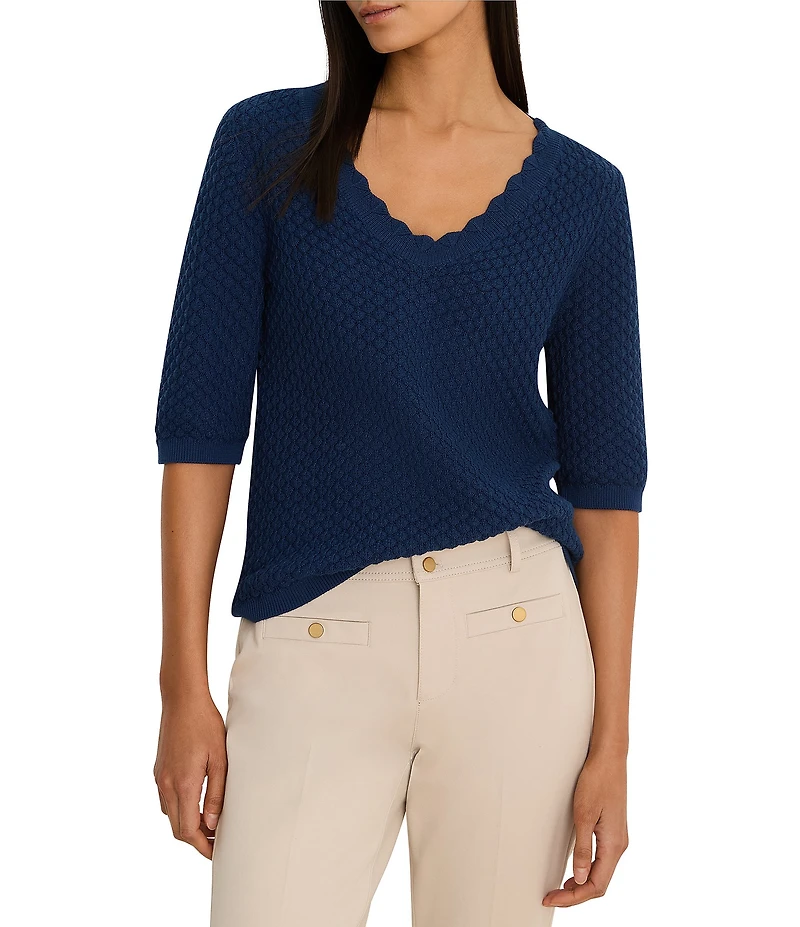 NIC + ZOE Textured Cotton-Blend Scalloped V-Neck Elbow Sleeve Sweater Tee