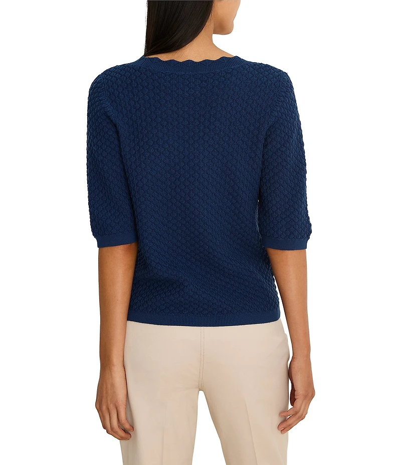 NIC + ZOE Textured Cotton-Blend Scalloped V-Neck Elbow Sleeve Sweater Tee