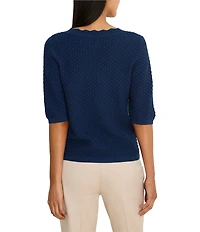 NIC + ZOE Textured Cotton-Blend Scalloped V-Neck Elbow Sleeve Sweater Tee