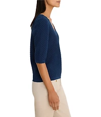 NIC + ZOE Textured Cotton-Blend Scalloped V-Neck Elbow Sleeve Sweater Tee