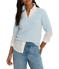 NIC + ZOE Textured Cotton-Blend Scalloped V-Neck Elbow Sleeve Sweater Tee