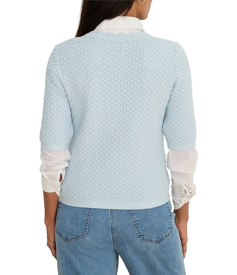 NIC + ZOE Textured Cotton-Blend Scalloped V-Neck Elbow Sleeve Sweater Tee