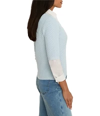 NIC + ZOE Textured Cotton-Blend Scalloped V-Neck Elbow Sleeve Sweater Tee