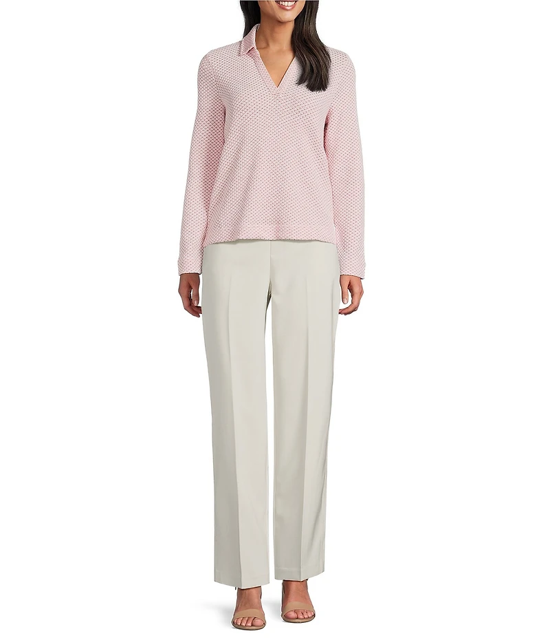 NIC + ZOE Textured Tuck Stitch Knit Split Collar Neckline Long Sleeve Polo Top