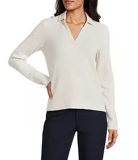 NIC + ZOE Textured Tuck Stitch Knit Split Collar Neckline Long Sleeve Polo Top