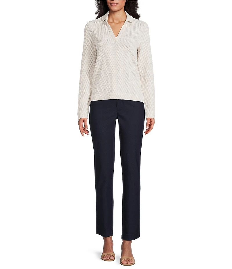 NIC + ZOE Textured Tuck Stitch Knit Split Collar Neckline Long Sleeve Polo Top