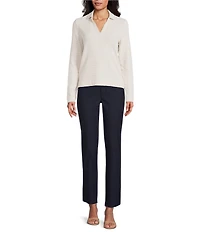 NIC + ZOE Textured Tuck Stitch Knit Split Collar Neckline Long Sleeve Polo Top