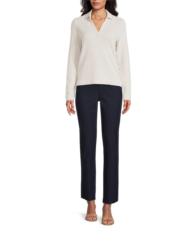 NIC + ZOE Textured Tuck Stitch Knit Split Collar Neckline Long Sleeve Polo Top
