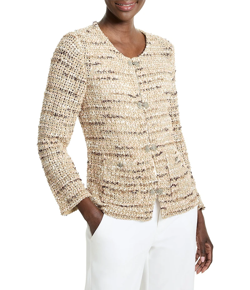 NIC + ZOE Tonal Mix Knit Round Neck Bracelet Sleeve Hook Front Jacket