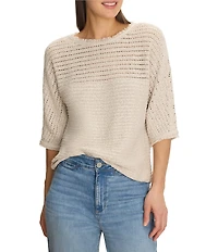 NIC + ZOE Tonal Textured Boat Neck 3/4 Dolman Sleeve Open-Knit Sweater