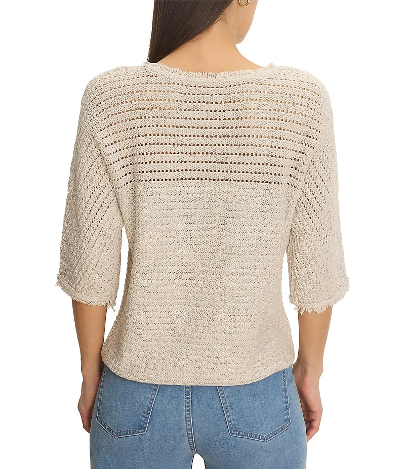 NIC + ZOE Tonal Textured Boat Neck 3/4 Dolman Sleeve Open-Knit Sweater