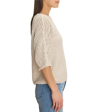 NIC + ZOE Tonal Textured Boat Neck 3/4 Dolman Sleeve Open-Knit Sweater
