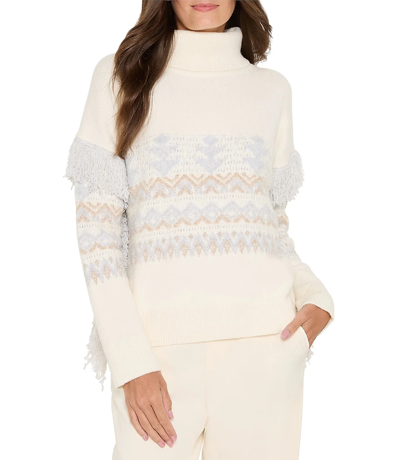 NIC + ZOE Trimmed Fringe Knit Turtleneck Long Sleeve Sweater