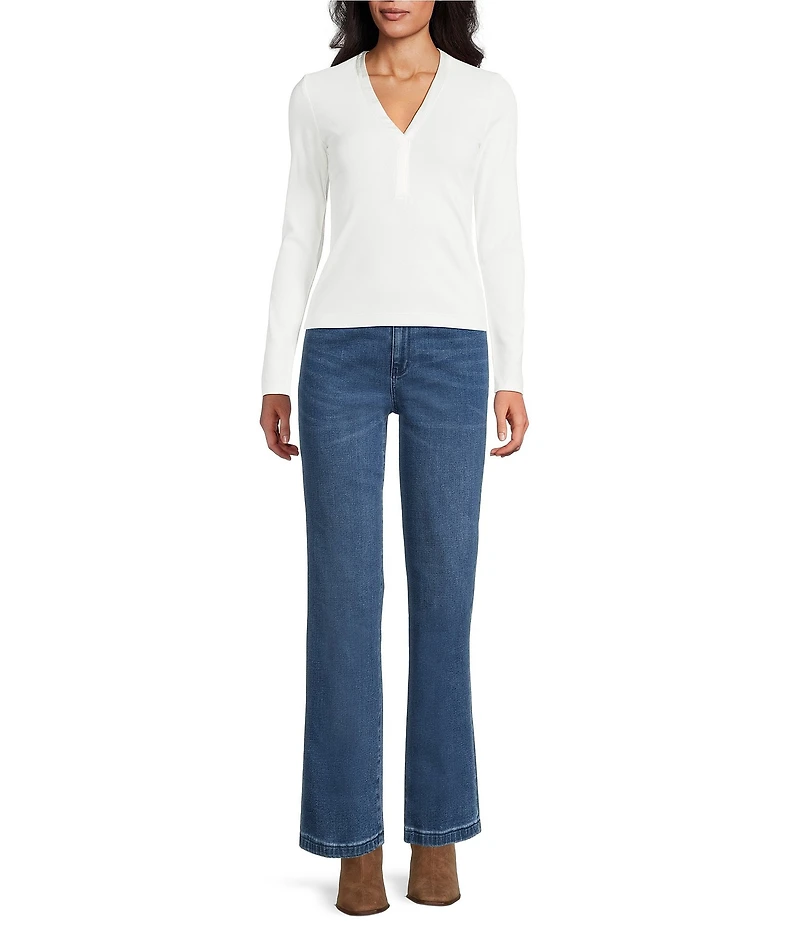 NIC + ZOE Trimmed Perfect Ribbed Knit V-Neck Long Sleeve Top