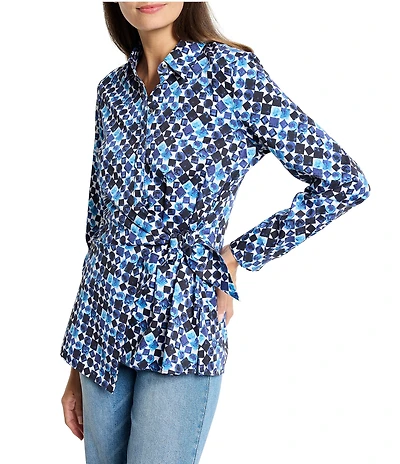 NIC + ZOE Woven Blue Bauble Collar Neck Long Sleeve Side Tie Shirt