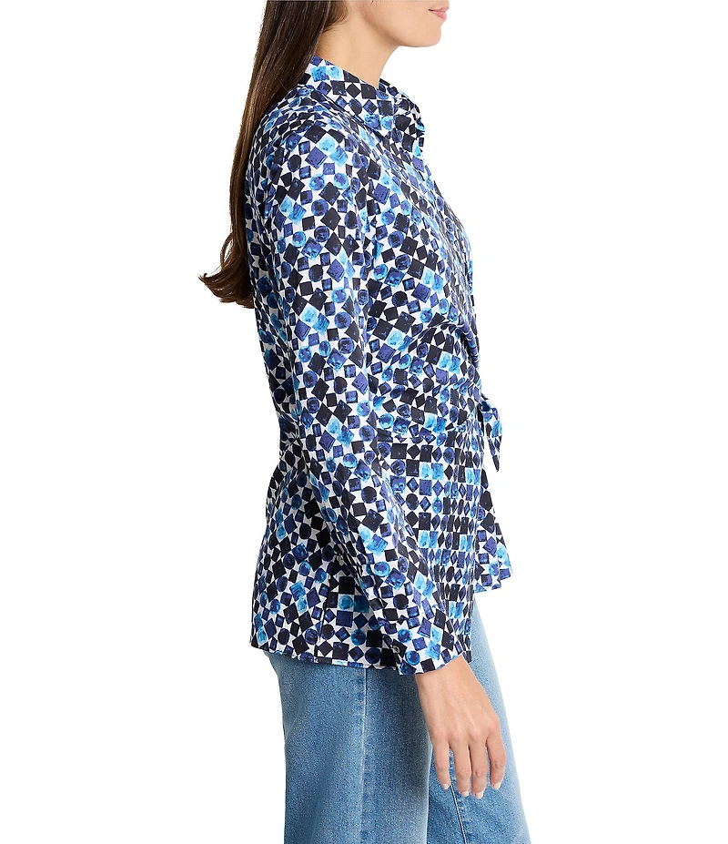NIC + ZOE Woven Blue Bauble Collar Neck Long Sleeve Side Tie Shirt