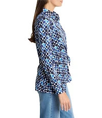 NIC + ZOE Woven Blue Bauble Collar Neck Long Sleeve Side Tie Shirt