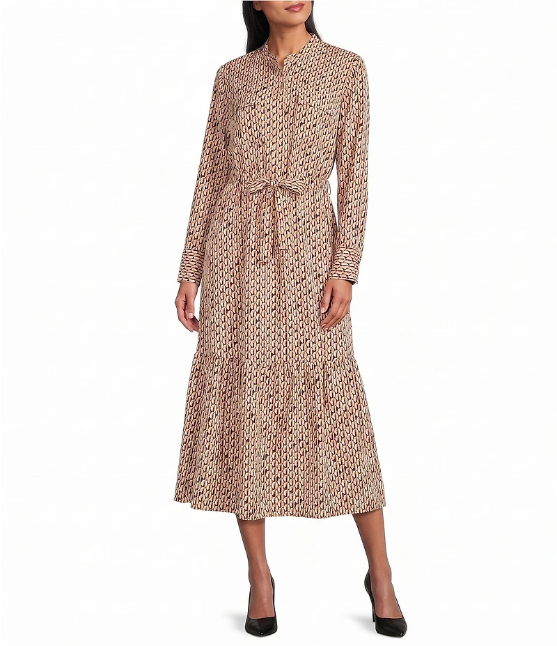 NIC + ZOE Woven Chain Reaction Stand Collar Long Sleeve Belted Midi Dress