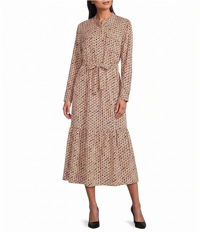 NIC + ZOE Woven Chain Reaction Stand Collar Long Sleeve Belted Midi Dress