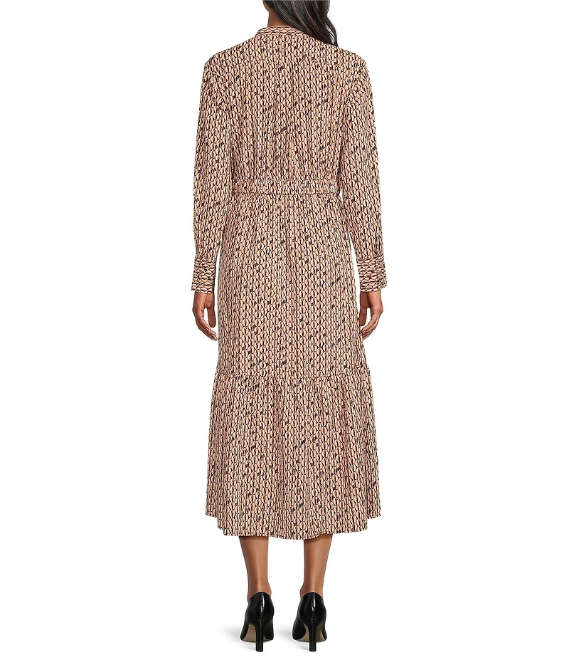 NIC + ZOE Woven Chain Reaction Stand Collar Long Sleeve Belted Midi Dress