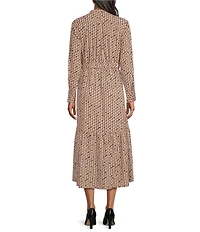 NIC + ZOE Woven Chain Reaction Stand Collar Long Sleeve Belted Midi Dress