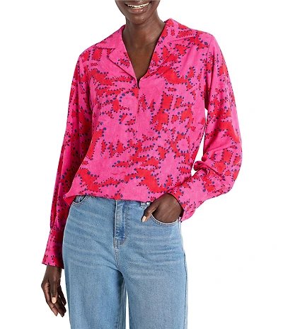 NIC + ZOE Woven Clashy Petals Print Notch Collar V-Neck Long Sleeve Blouse