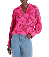NIC + ZOE Woven Clashy Petals Print Notch Collar V-Neck Long Sleeve Blouse