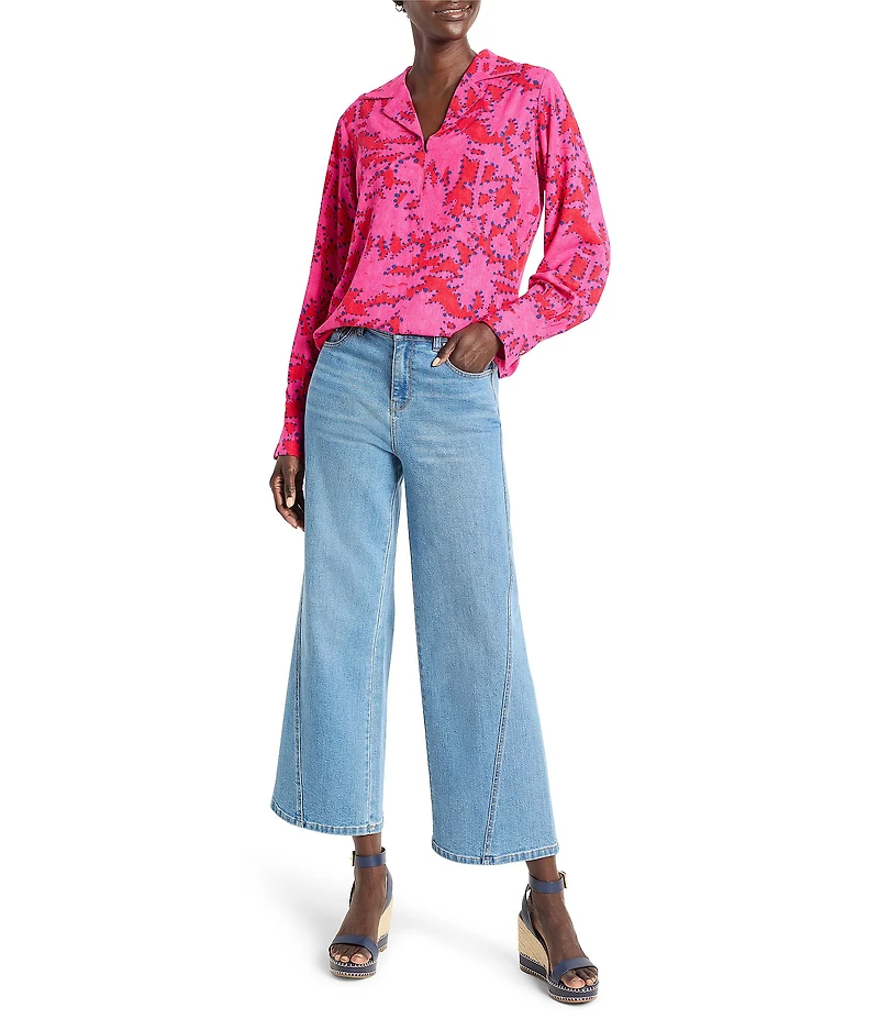 NIC + ZOE Woven Clashy Petals Print Notch Collar V-Neck Long Sleeve Blouse
