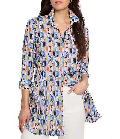 NIC + ZOE Woven Social Circles Print Crinkle Point Collar Long Sleeve Shirt