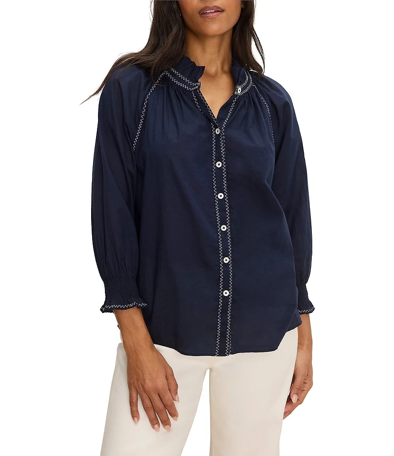 NIC + ZOE Zig Zag Embroidered Stitch Ruffle Stand Collar Bracelet Raglan Sleeve Button-Front Shirt