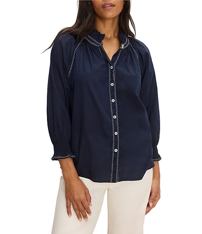 NIC + ZOE Zig Zag Embroidered Stitch Ruffle Stand Collar Bracelet Raglan Sleeve Button-Front Shirt