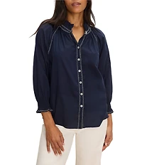 NIC + ZOE Zig Zag Embroidered Stitch Ruffle Stand Collar Bracelet Raglan Sleeve Button-Front Shirt
