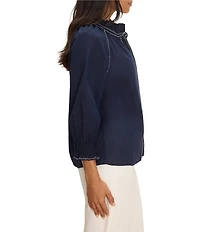 NIC + ZOE Zig Zag Embroidered Stitch Ruffle Stand Collar Bracelet Raglan Sleeve Button-Front Shirt