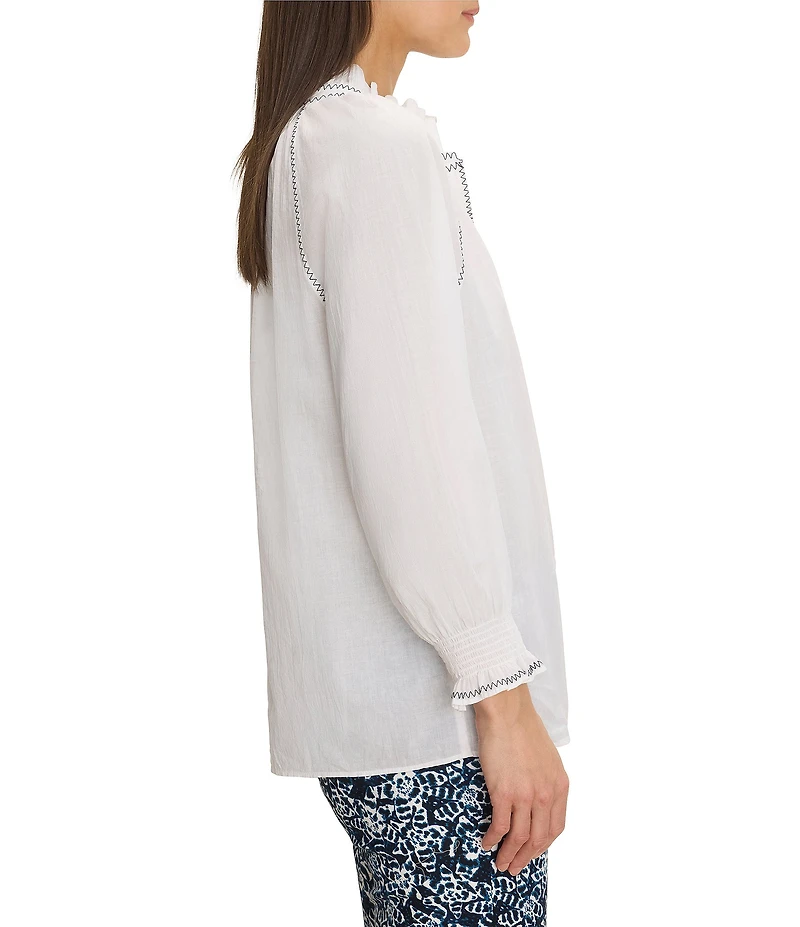 NIC + ZOE Zig Zag Embroidered Stitch Ruffle Stand Collar Bracelet Raglan Sleeve Button-Front Shirt