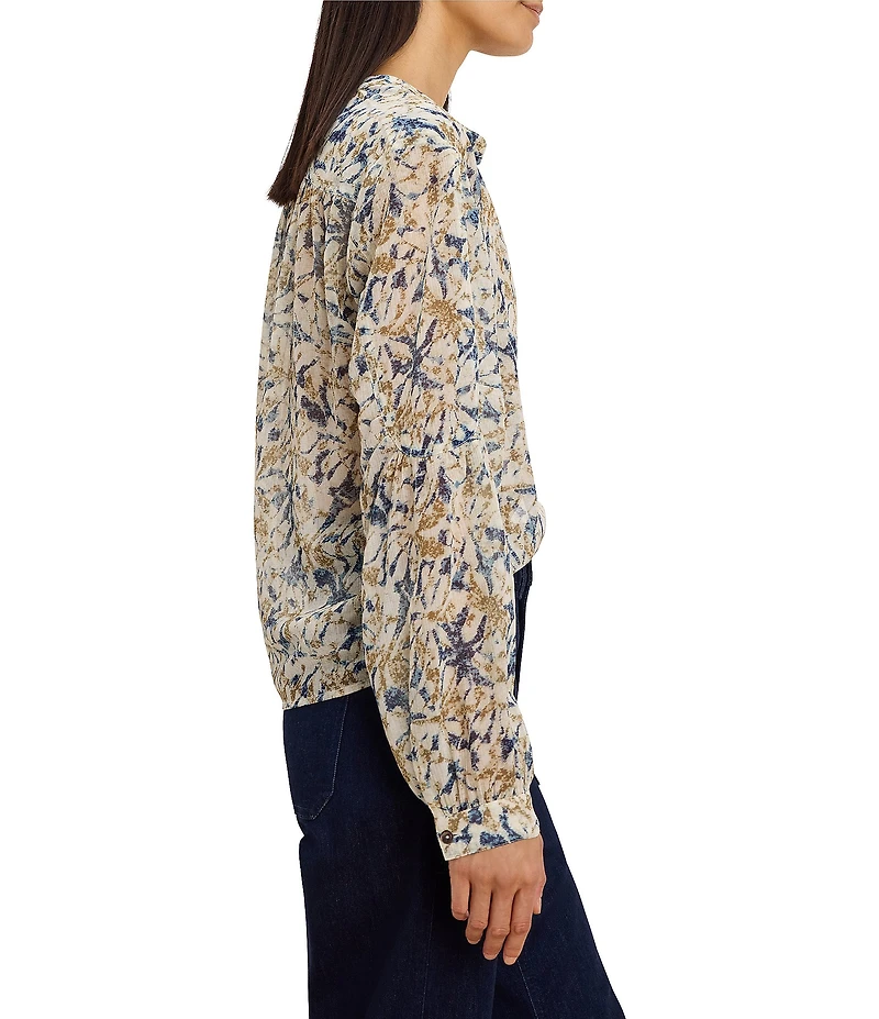 NIC + ZOE Lightweight Chiffon Bloomsbury Print Split V-Neck Long Sleeve Button-Front Shirt