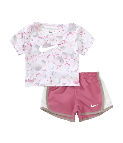 Nike Baby Girls Short-Sleeve Floral-Printed/Swoosh Microfiber T-Shirt & Color Block Mesh Shorts Set
