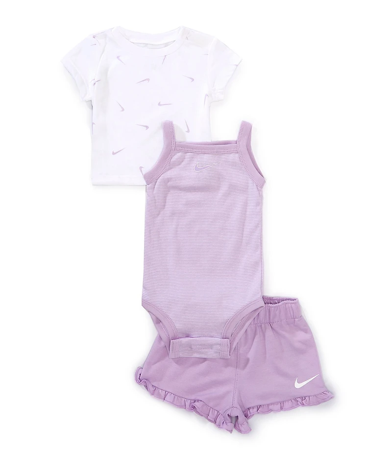 Nike Baby Girls Stripe Bodysuit, Swoosh Print Short Sleeve T-Shirt, & Ruffle Shorts Set