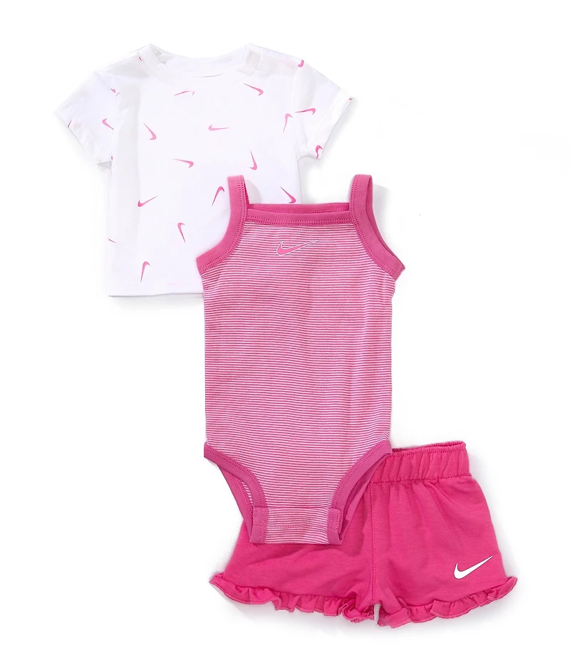 Nike Baby Girls Stripe Bodysuit, Swoosh Print Short Sleeve T-Shirt, & Ruffle Shorts Set