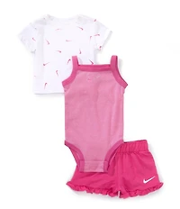 Nike Baby Girls Stripe Bodysuit, Swoosh Print Short Sleeve T-Shirt, & Ruffle Shorts Set