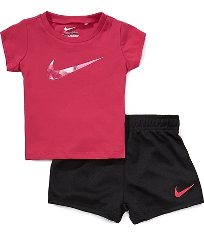 Nike Baby Girls Short-Sleeve Floral-Swoosh Jersey T-Shirt & Coordinating Solid Mesh Shorts Set