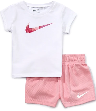 Nike Baby Girls Short-Sleeve Floral-Swoosh Jersey T-Shirt & Coordinating Solid Mesh Shorts Set