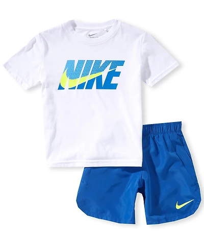 Nike Little Boys 2T-7 Short Sleeve Nike Branded Logo Knit T-Shirt & Woven Shorts Set